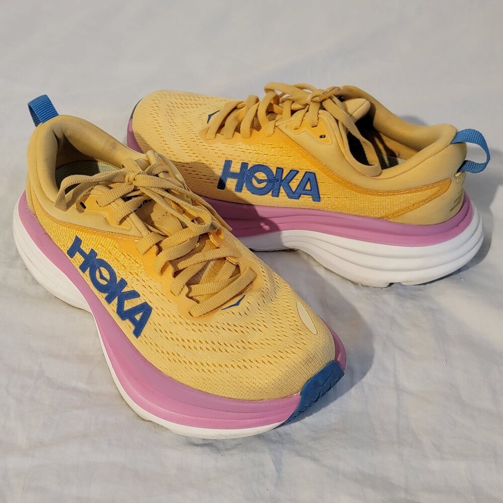 Hoka One One Bondi 8 ‘Impala/Cyclamen Running Gym Training Women’s Sz 5B Yellow